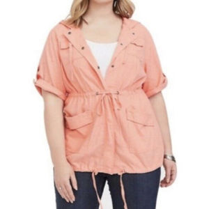 Torrid "0" Orange Peach Linen Hooded Anorak Jacket Short Sleeve Snap (Women XL)